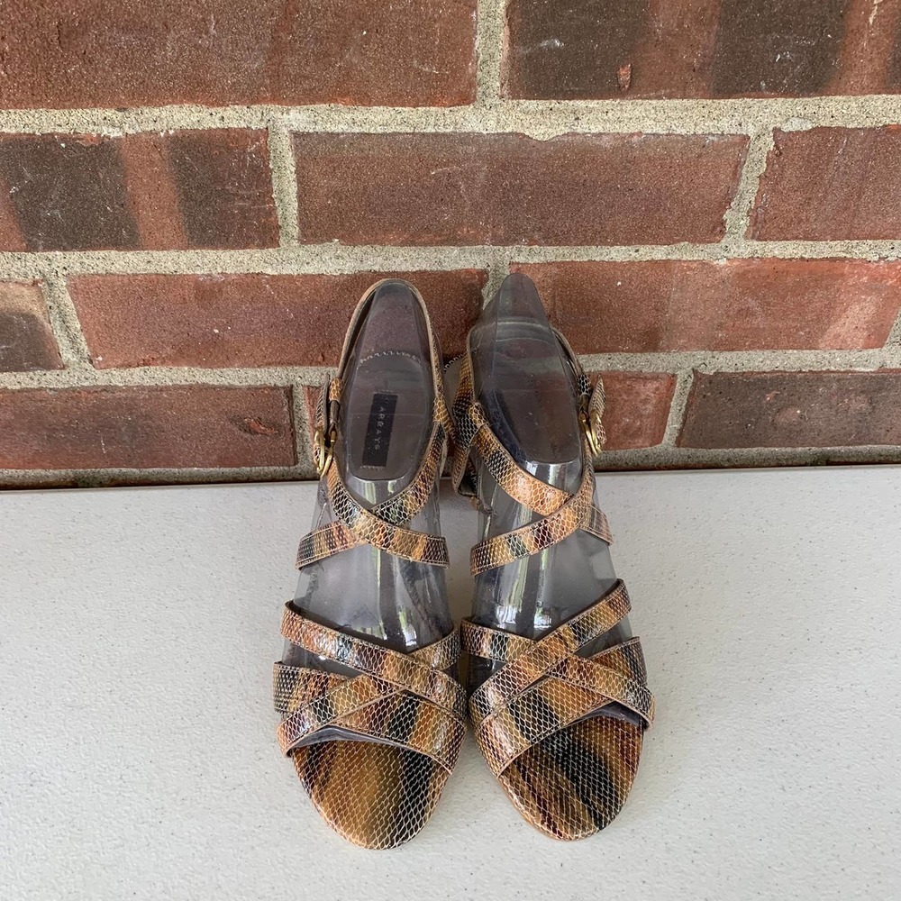 Array Brown Snake Leather Open Toe X-Strap Heeled… - image 2